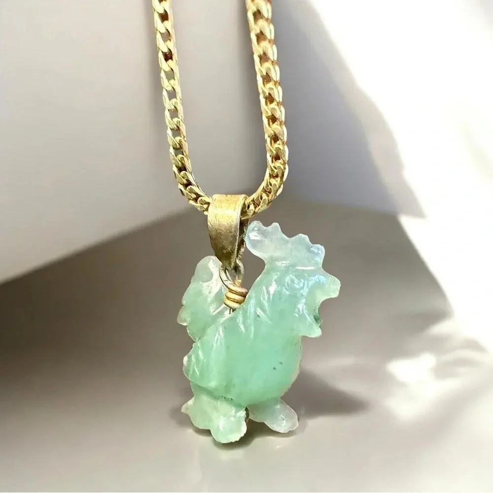 Natural Jade Carved Rooster & Gold Over Sterling Chain (20”) - Picture 5 of 11